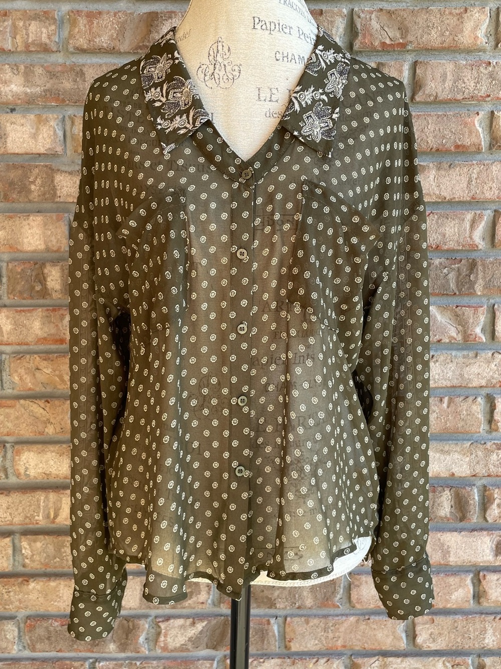 Free People Easy Rider Olive Sheer Boho Button-Down Blouse.